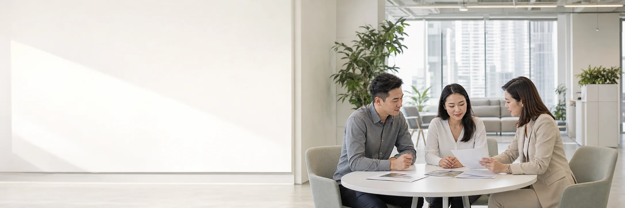 Employer, candidate, and recruitment consultant reviewing employment documents in a Singapore office
